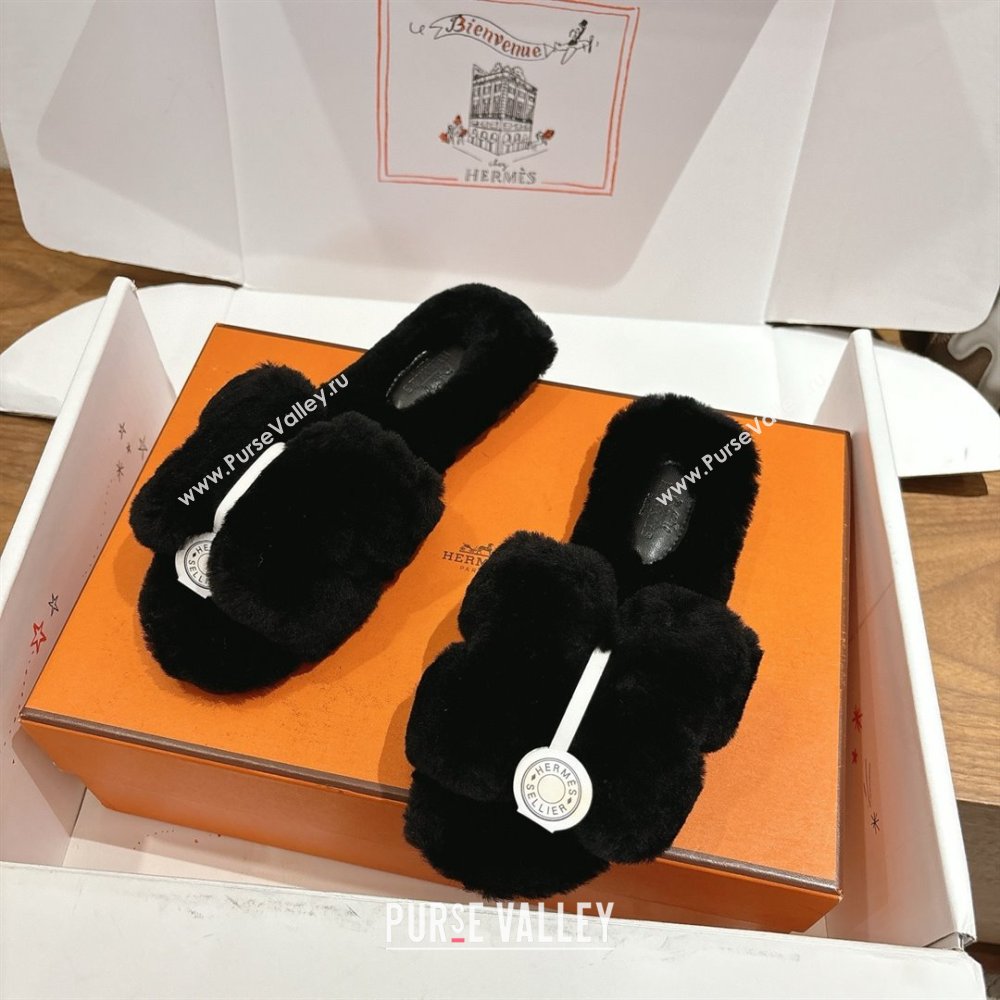 Hermes Oran Sandals in Shearling Wool H101612 Black 2025 (XC-25101612)