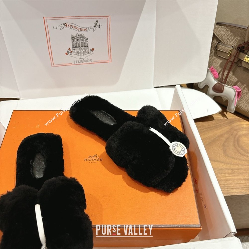 Hermes Oran Sandals in Shearling Wool H101612 Black 2025 (XC-25101612)