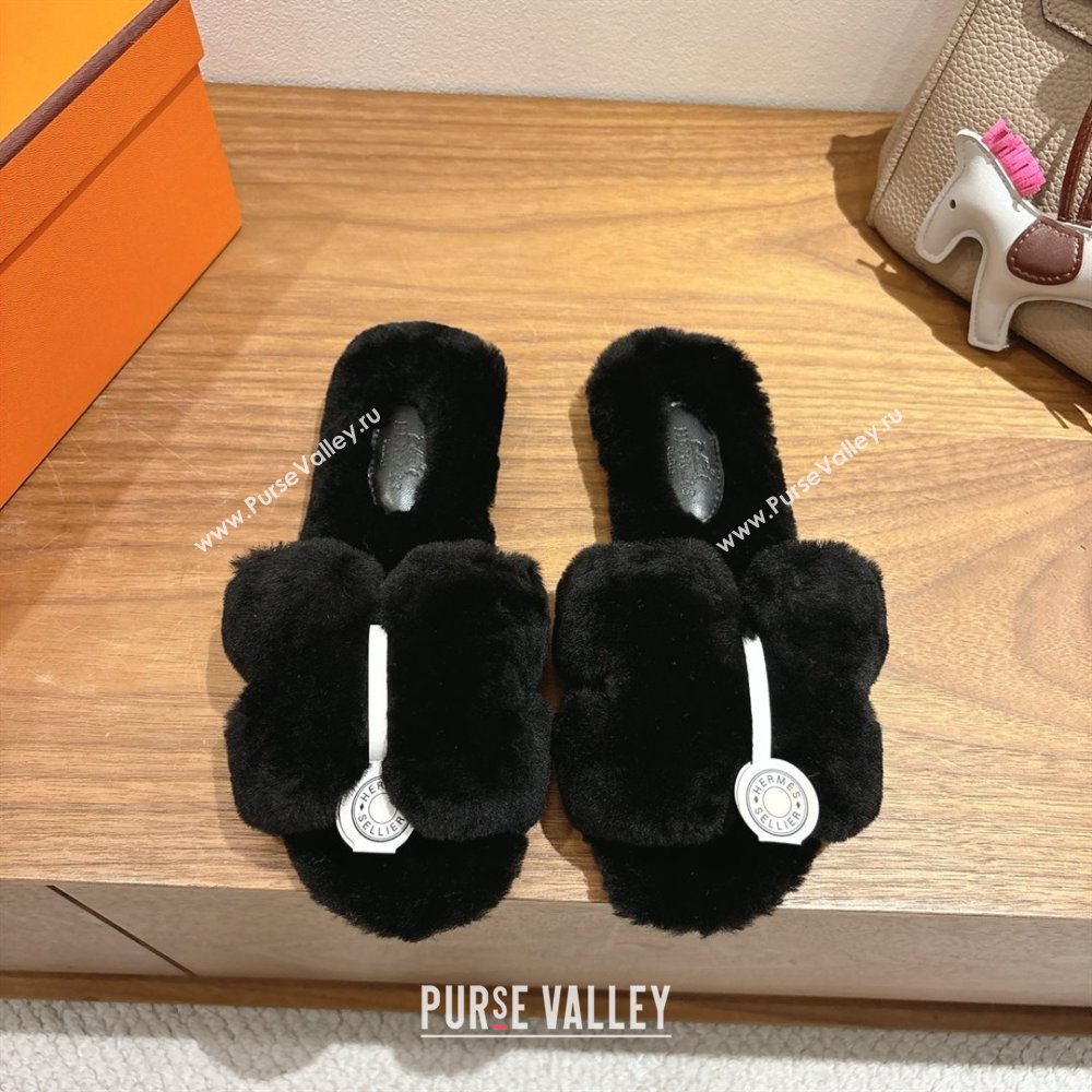 Hermes Oran Sandals in Shearling Wool H101612 Black 2025 (XC-25101612)