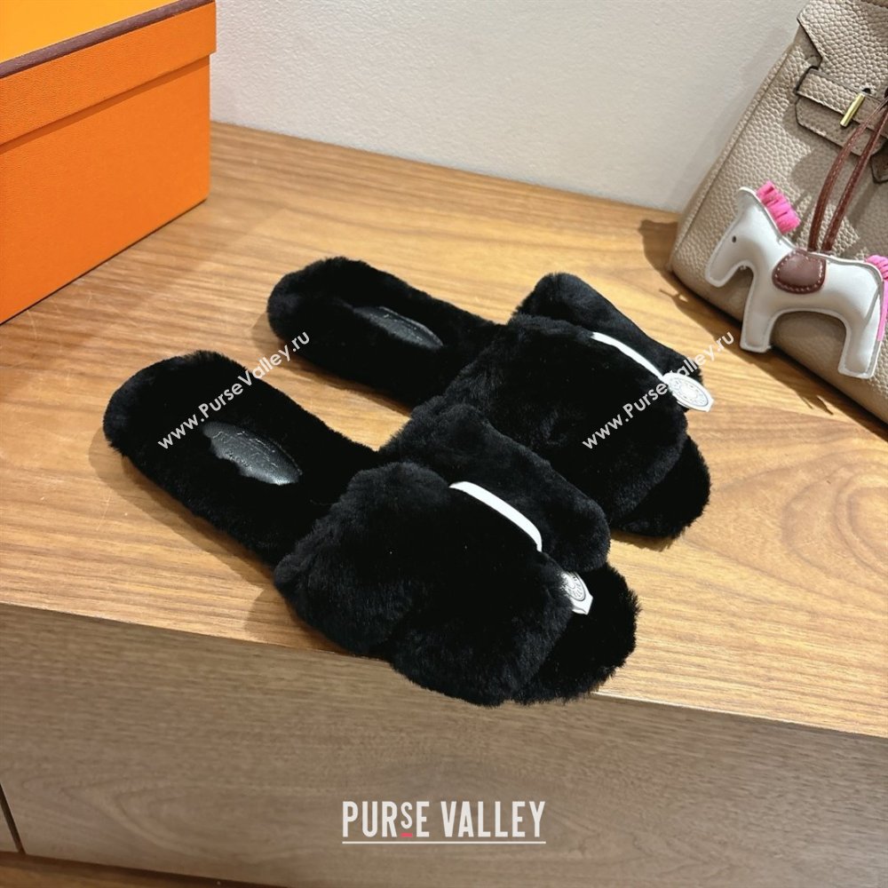 Hermes Oran Sandals in Shearling Wool H101612 Black 2025 (XC-25101612)