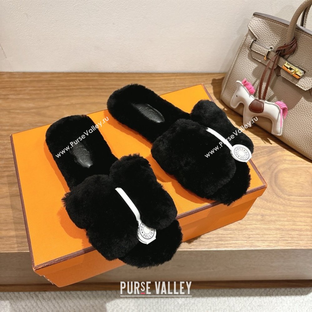 Hermes Oran Sandals in Shearling Wool H101612 Black 2025 (XC-25101612)