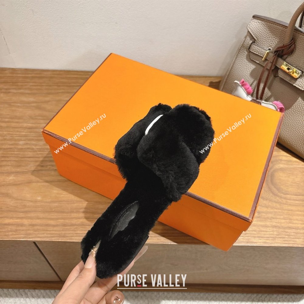 Hermes Oran Sandals in Shearling Wool H101612 Black 2025 (XC-25101612)