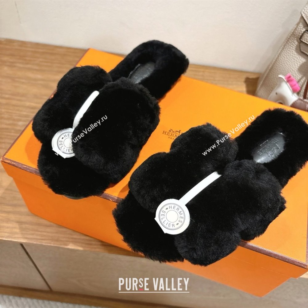 Hermes Oran Sandals in Shearling Wool H101612 Black 2025 (XC-25101612)