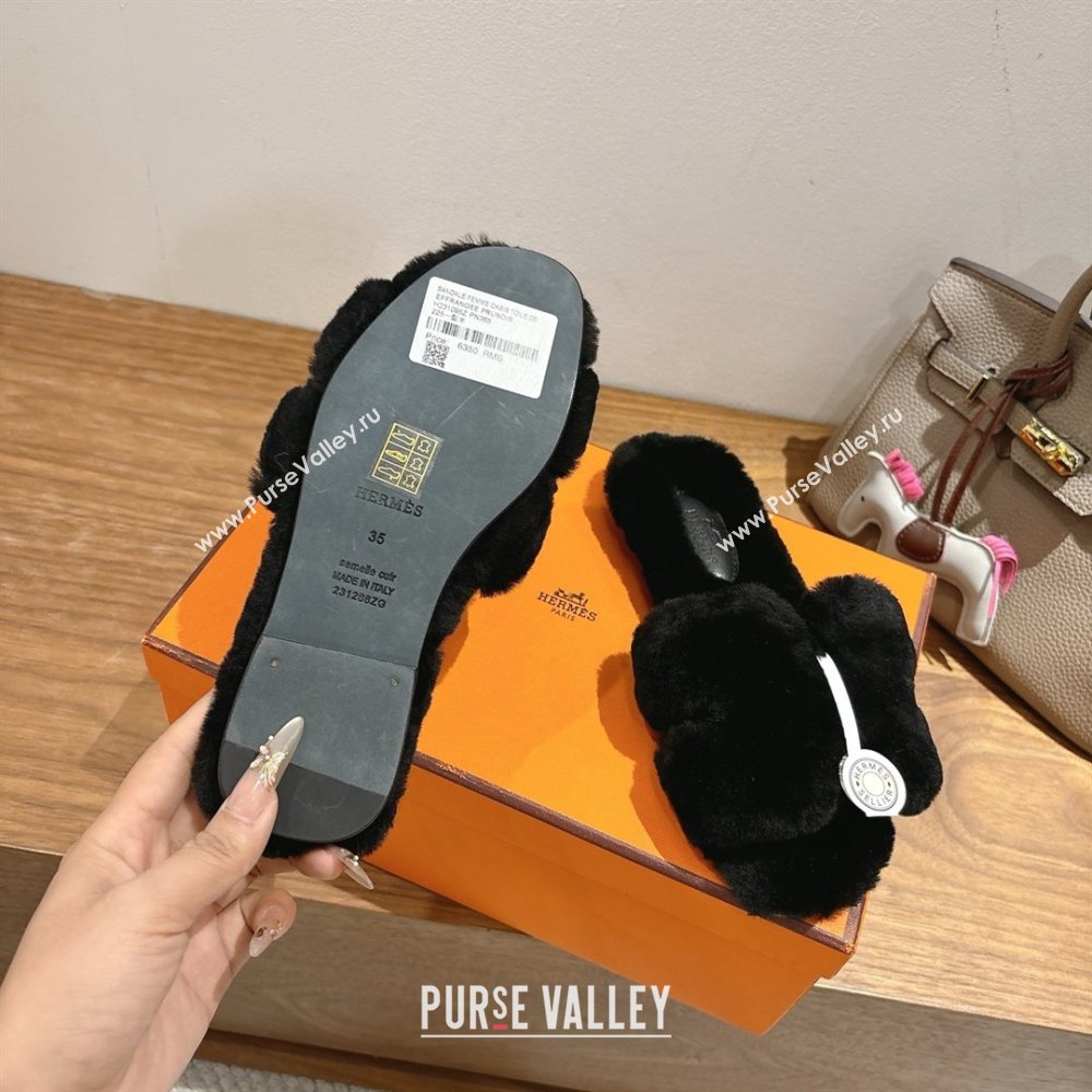 Hermes Oran Sandals in Shearling Wool H101612 Black 2025 (XC-25101612)