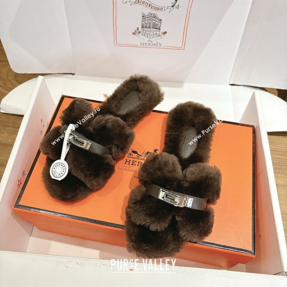 Hermes Oran Sandals in Shearling Wool with Kelly Buckle H101617 Dark Brown 2025 (XC-25101617)