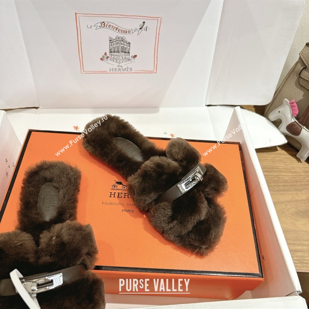 Hermes Oran Sandals in Shearling Wool with Kelly Buckle H101617 Dark Brown 2025 (XC-25101617)
