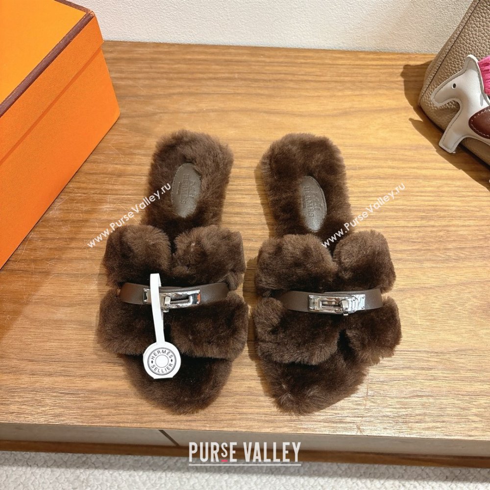 Hermes Oran Sandals in Shearling Wool with Kelly Buckle H101617 Dark Brown 2025 (XC-25101617)
