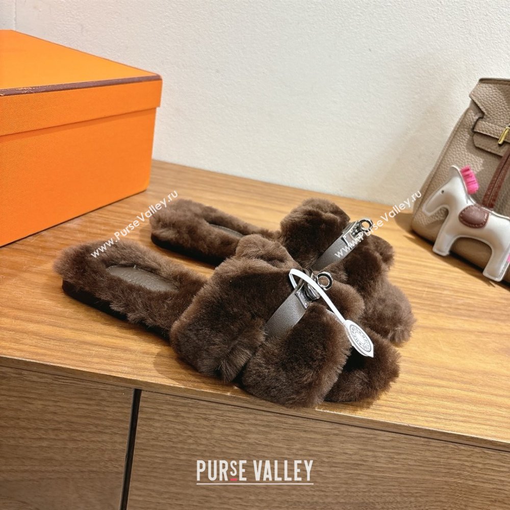 Hermes Oran Sandals in Shearling Wool with Kelly Buckle H101617 Dark Brown 2025 (XC-25101617)
