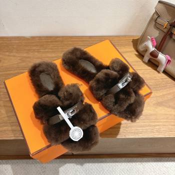 Hermes Oran Sandals in Shearling Wool with Kelly Buckle H101617 Dark Brown 2025 (XC-25101617)