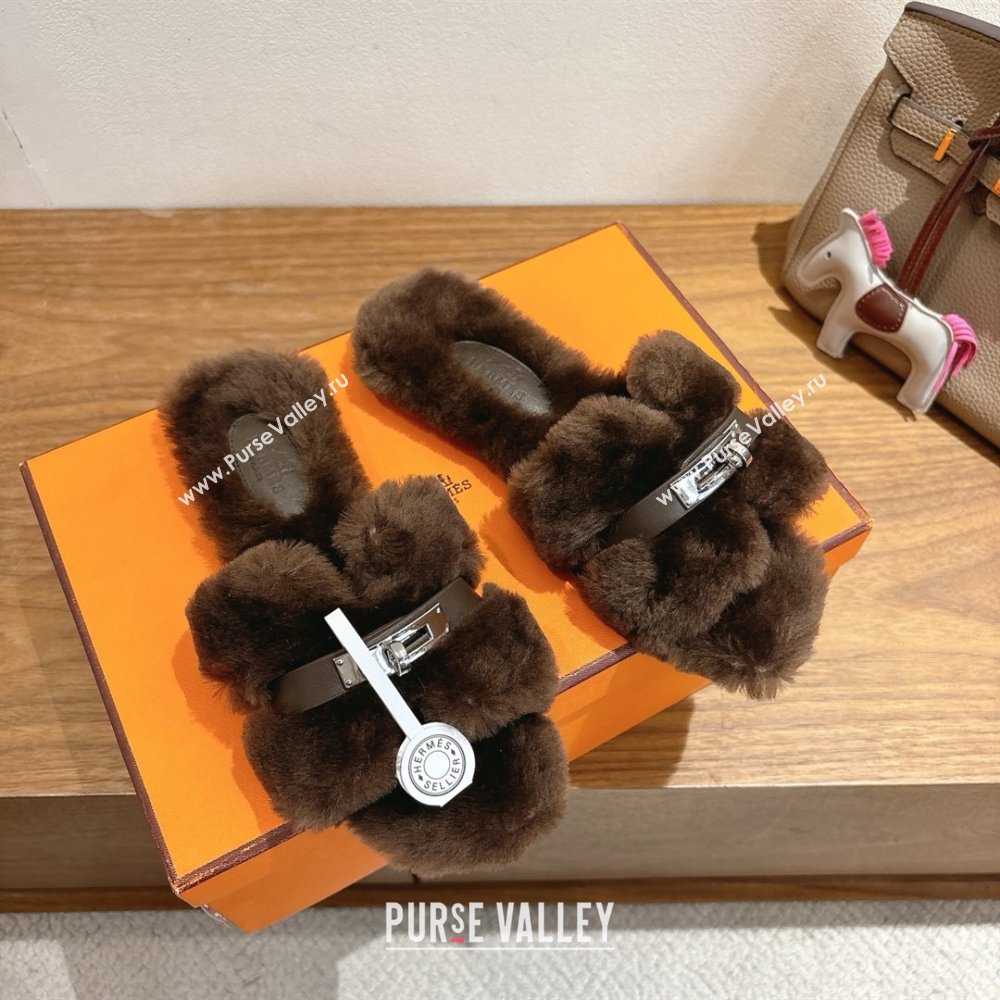 Hermes Oran Sandals in Shearling Wool with Kelly Buckle H101617 Dark Brown 2025 (XC-25101617)