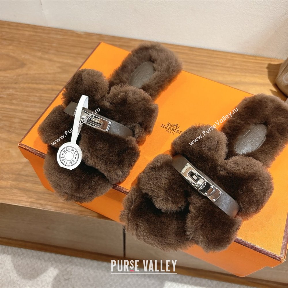 Hermes Oran Sandals in Shearling Wool with Kelly Buckle H101617 Dark Brown 2025 (XC-25101617)