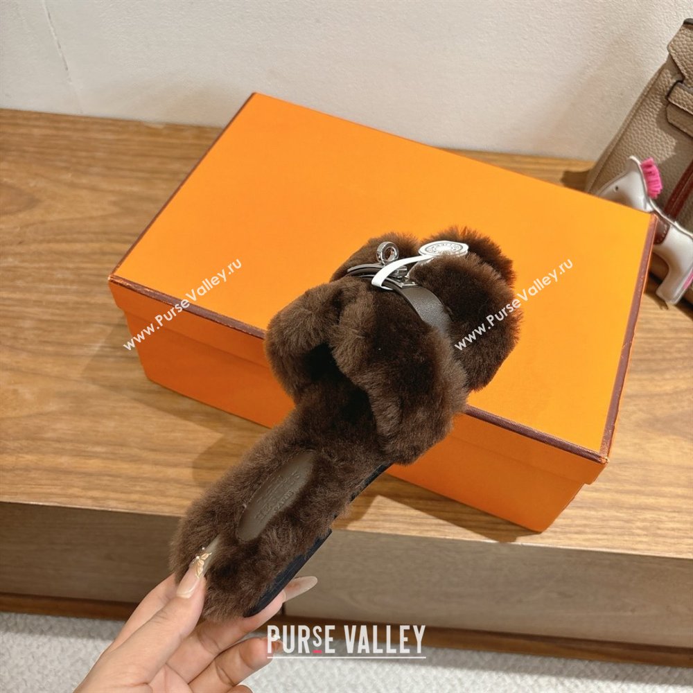 Hermes Oran Sandals in Shearling Wool with Kelly Buckle H101617 Dark Brown 2025 (XC-25101617)