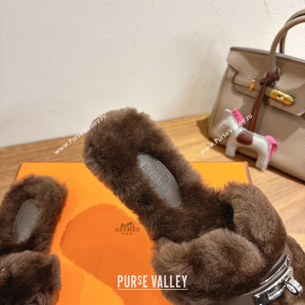 Hermes Oran Sandals in Shearling Wool with Kelly Buckle H101617 Dark Brown 2025 (XC-25101617)