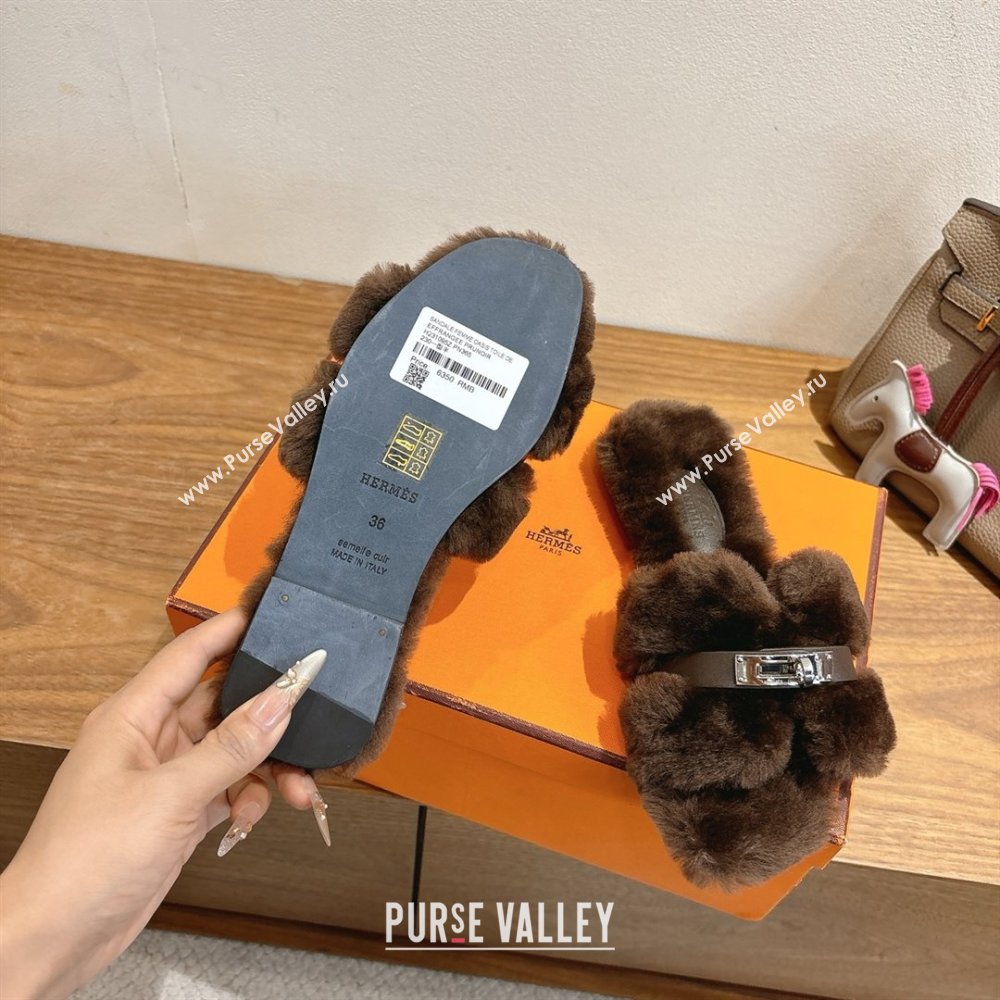Hermes Oran Sandals in Shearling Wool with Kelly Buckle H101617 Dark Brown 2025 (XC-25101617)