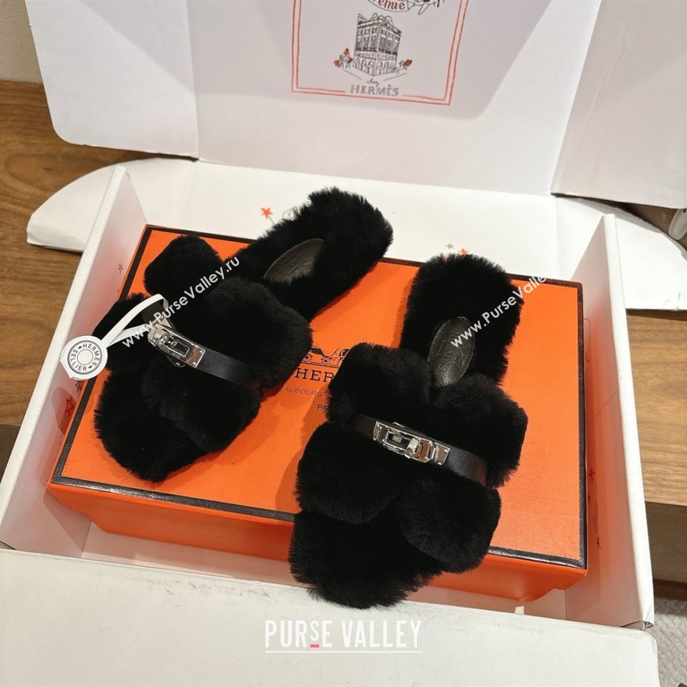 Hermes Oran Sandals in Shearling Wool with Kelly Buckle H101619 Black 2025 (XC-25101619)