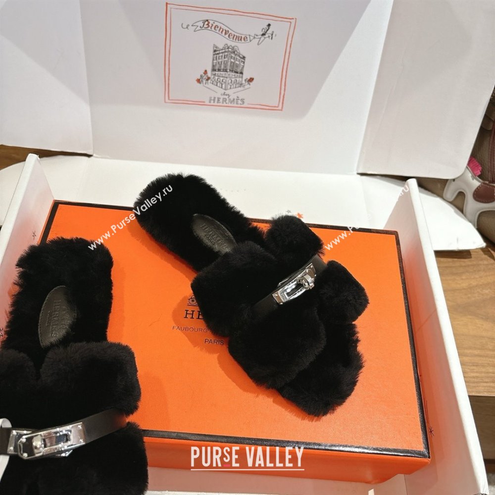Hermes Oran Sandals in Shearling Wool with Kelly Buckle H101619 Black 2025 (XC-25101619)