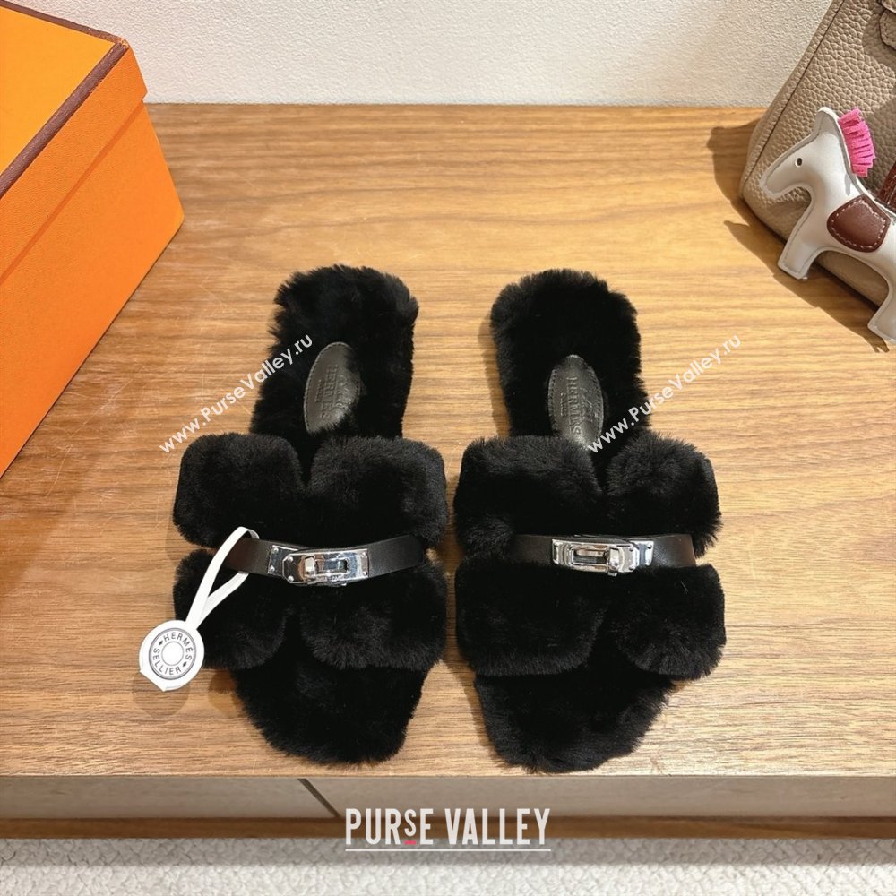 Hermes Oran Sandals in Shearling Wool with Kelly Buckle H101619 Black 2025 (XC-25101619)
