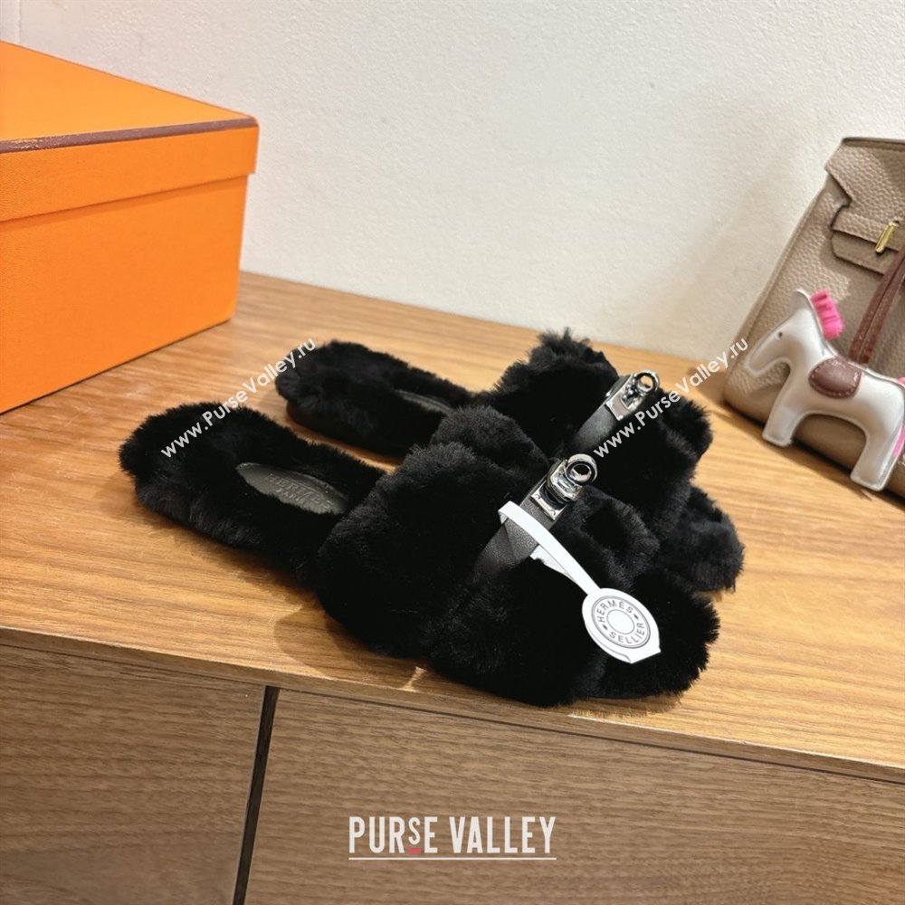 Hermes Oran Sandals in Shearling Wool with Kelly Buckle H101619 Black 2025 (XC-25101619)