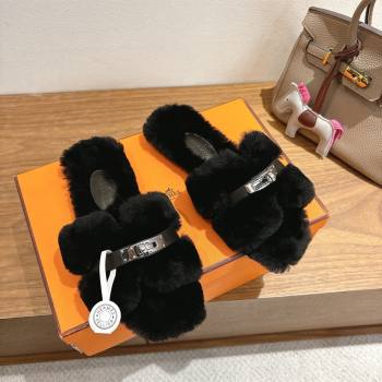 Hermes Oran Sandals in Shearling Wool with Kelly Buckle H101619 Black 2025 (XC-25101619)