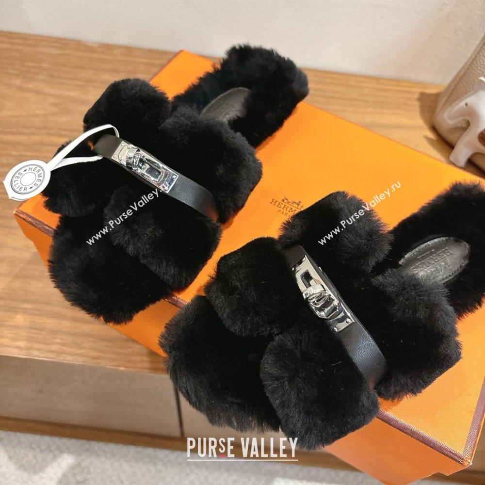 Hermes Oran Sandals in Shearling Wool with Kelly Buckle H101619 Black 2025 (XC-25101619)
