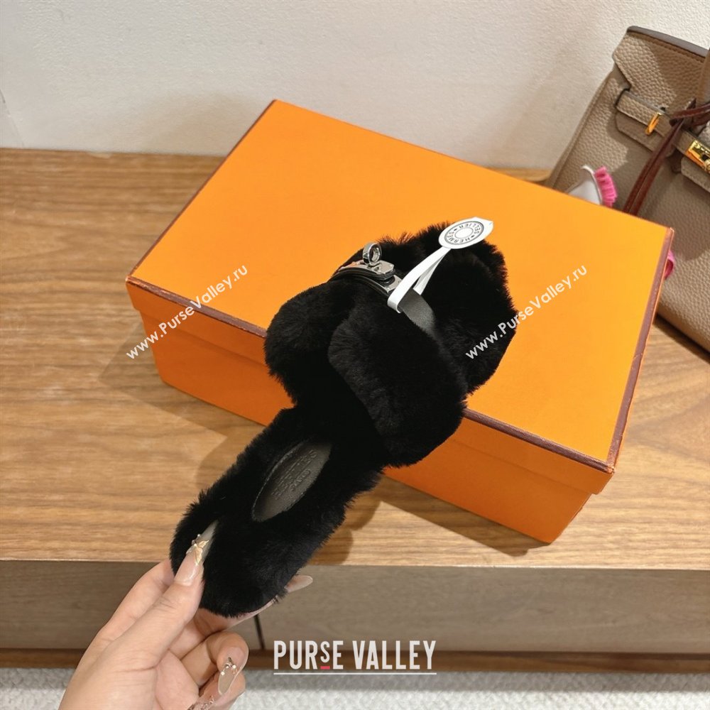 Hermes Oran Sandals in Shearling Wool with Kelly Buckle H101619 Black 2025 (XC-25101619)