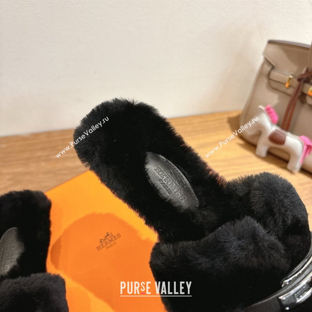 Hermes Oran Sandals in Shearling Wool with Kelly Buckle H101619 Black 2025 (XC-25101619)