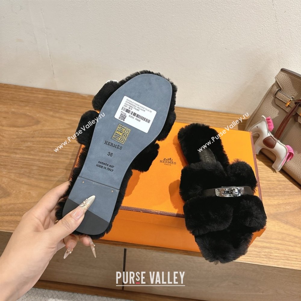 Hermes Oran Sandals in Shearling Wool with Kelly Buckle H101619 Black 2025 (XC-25101619)