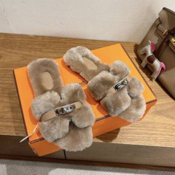 Hermes Oran Sandals in Shearling Wool with Kelly Buckle H101623 Khaki 2025 (XC-25101623)