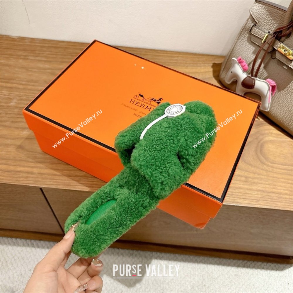 Hermes Oran Sandals in Shearling Wool H101603 Green 2025 (XC-25101603)