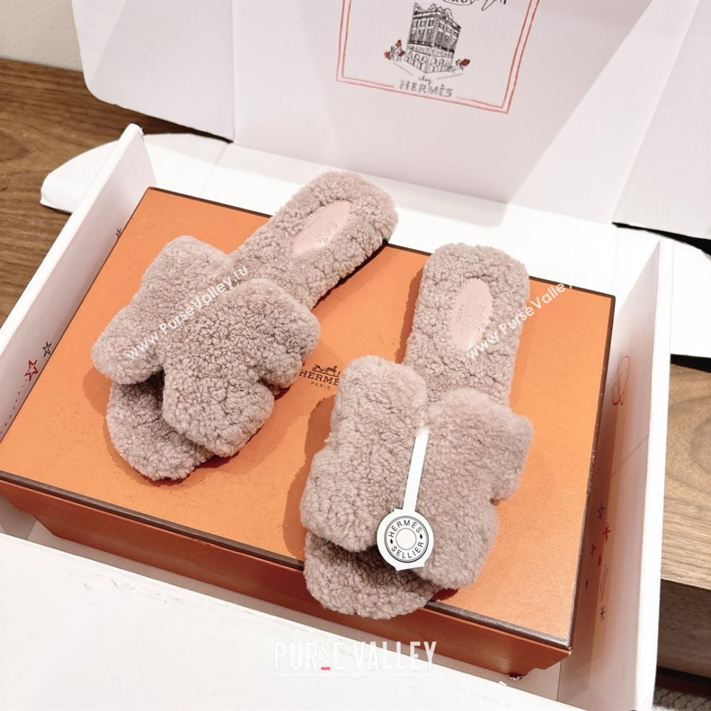 Hermes Oran Sandals in Shearling Wool H101604 Nude Pink 2025 (XC-25101604)