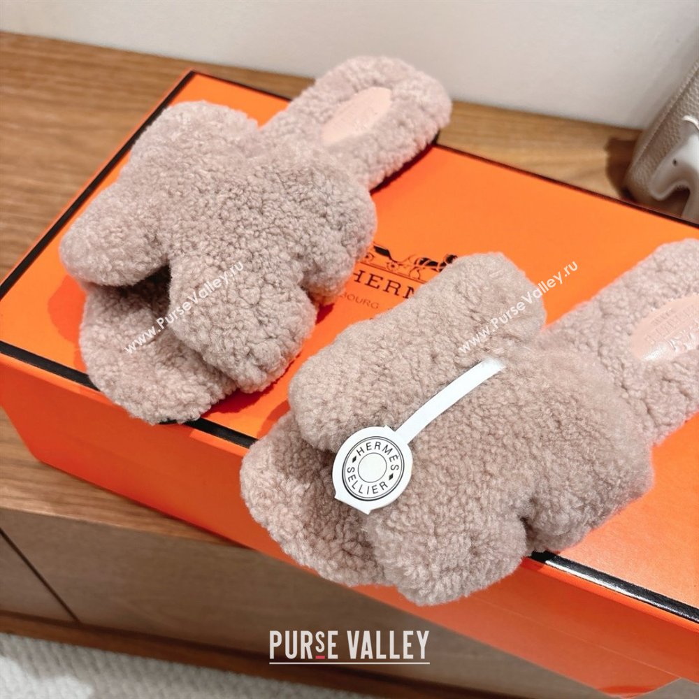 Hermes Oran Sandals in Shearling Wool H101604 Nude Pink 2025 (XC-25101604)