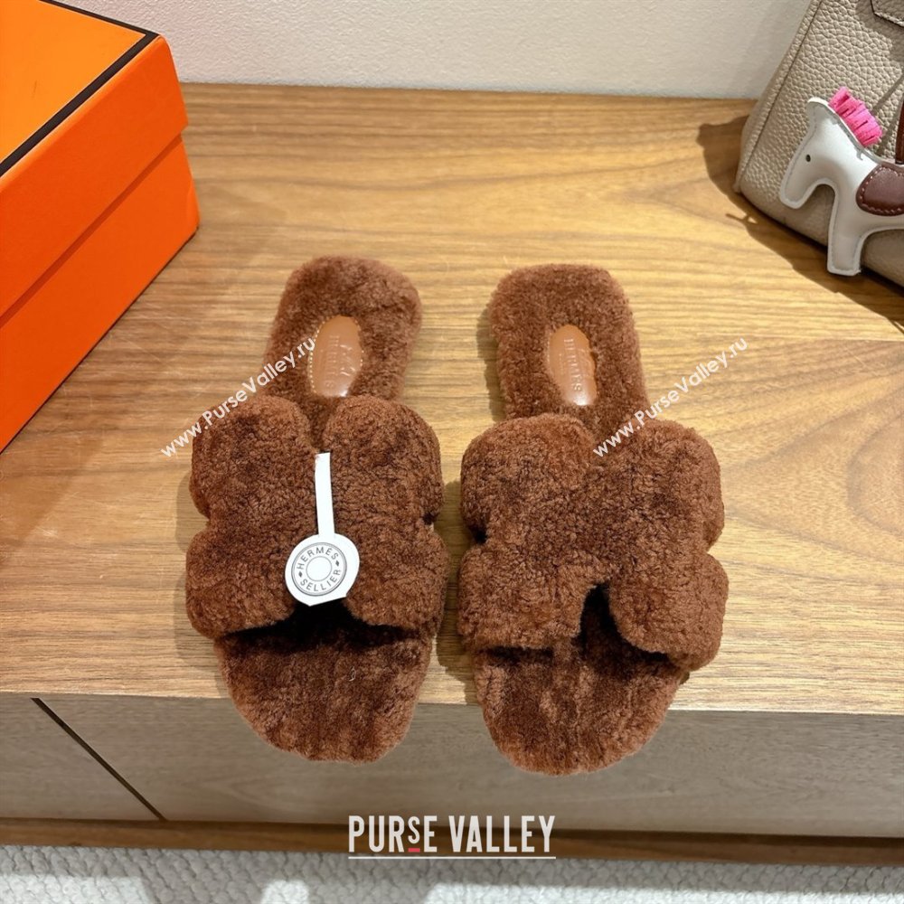 Hermes Oran Sandals in Shearling Wool H101601 Brown 2025 (XC-25101601)