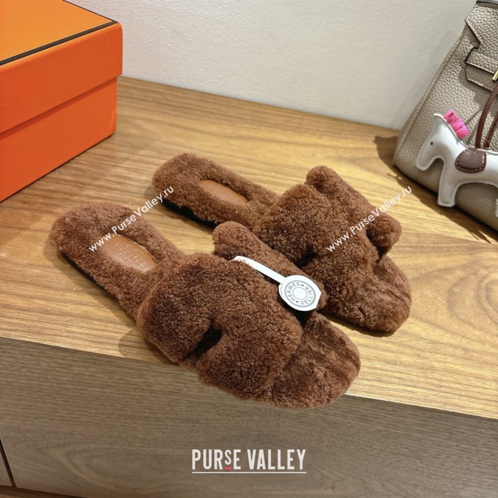 Hermes Oran Sandals in Shearling Wool H101601 Brown 2025 (XC-25101601)