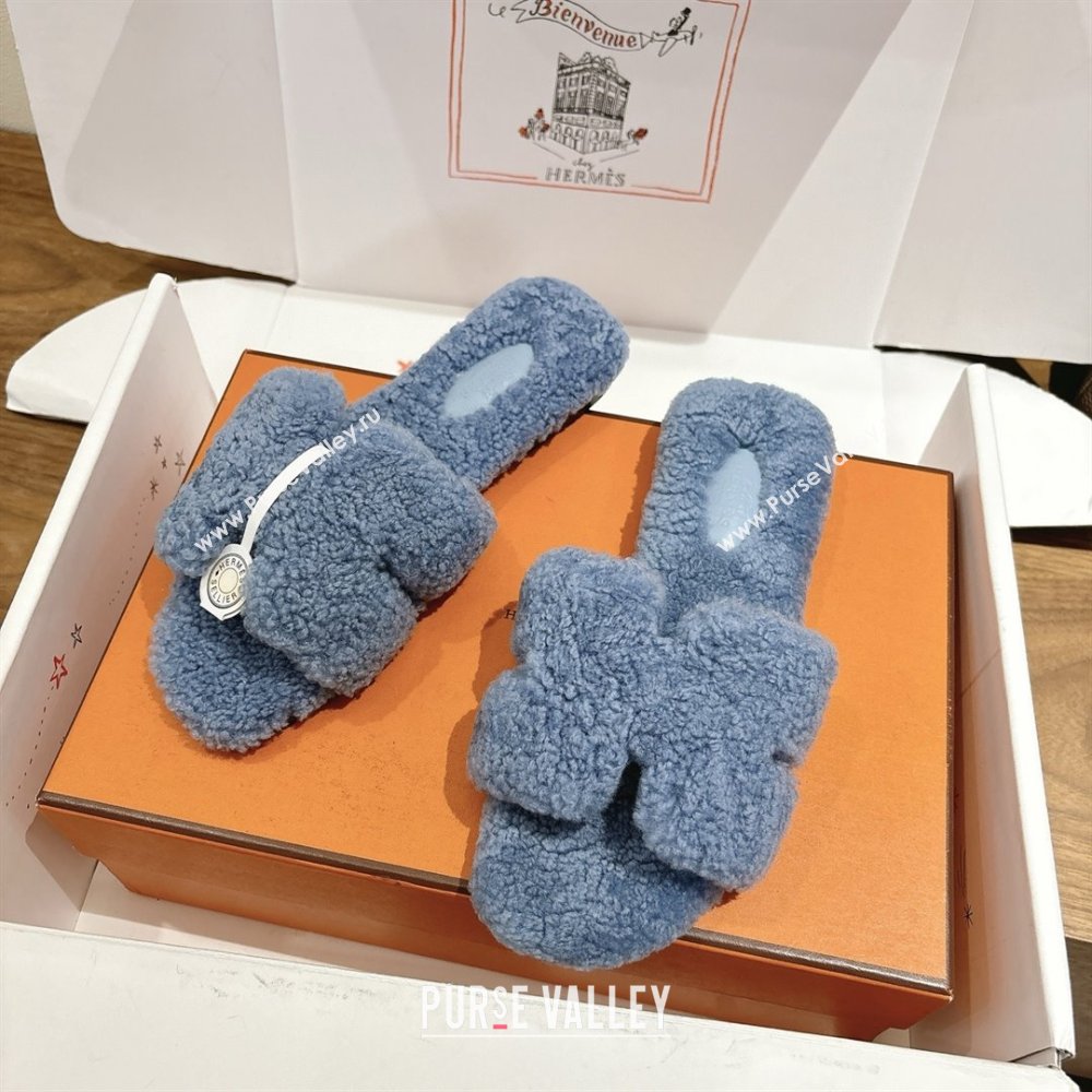 Hermes Oran Sandals in Shearling Wool H101608 Blue 2025 (XC-25101608)