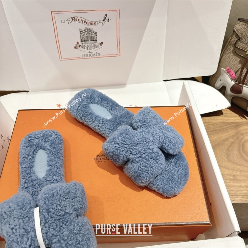 Hermes Oran Sandals in Shearling Wool H101608 Blue 2025 (XC-25101608)