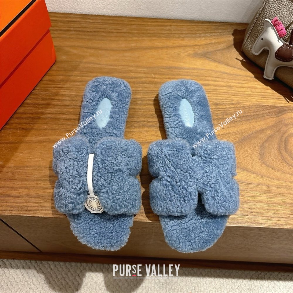 Hermes Oran Sandals in Shearling Wool H101608 Blue 2025 (XC-25101608)