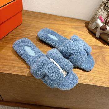 Hermes Oran Sandals in Shearling Wool H101608 Blue 2025 (XC-25101608)