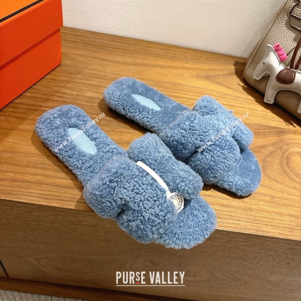Hermes Oran Sandals in Shearling Wool H101608 Blue 2025 (XC-25101608)
