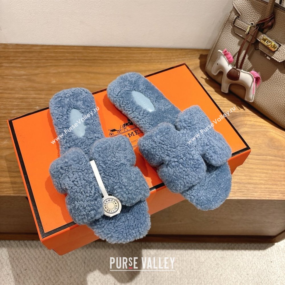 Hermes Oran Sandals in Shearling Wool H101608 Blue 2025 (XC-25101608)