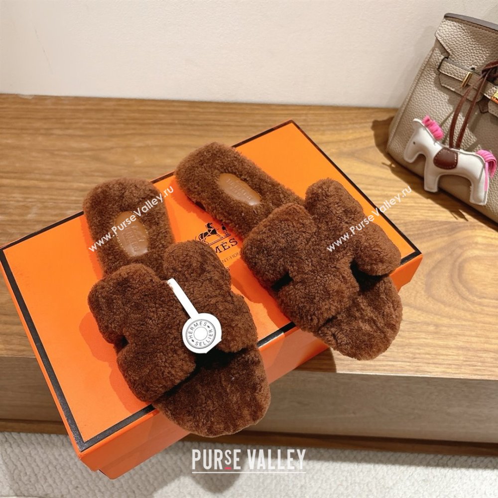 Hermes Oran Sandals in Shearling Wool H101601 Brown 2025 (XC-25101601)