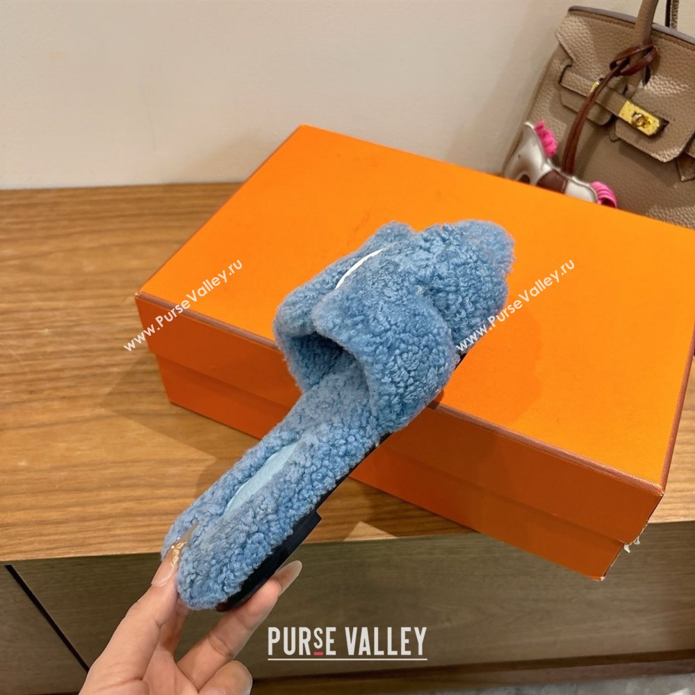 Hermes Oran Sandals in Shearling Wool H101608 Blue 2025 (XC-25101608)