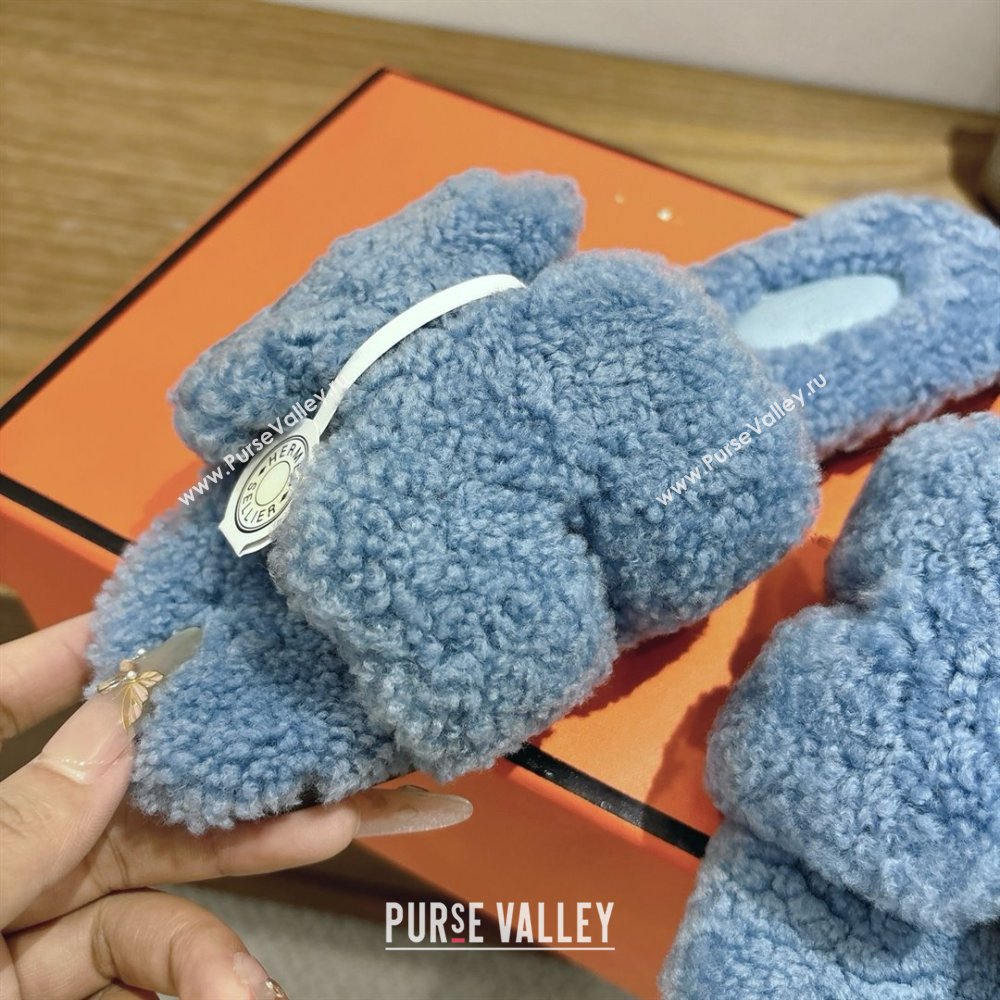 Hermes Oran Sandals in Shearling Wool H101608 Blue 2025 (XC-25101608)