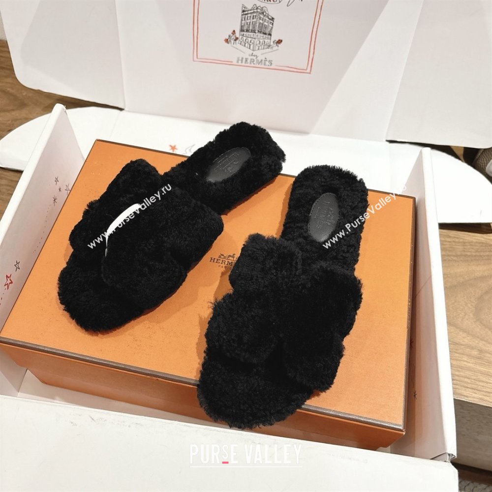 Hermes Oran Sandals in Shearling Wool H101606 Black 2025 (XC-25101606)