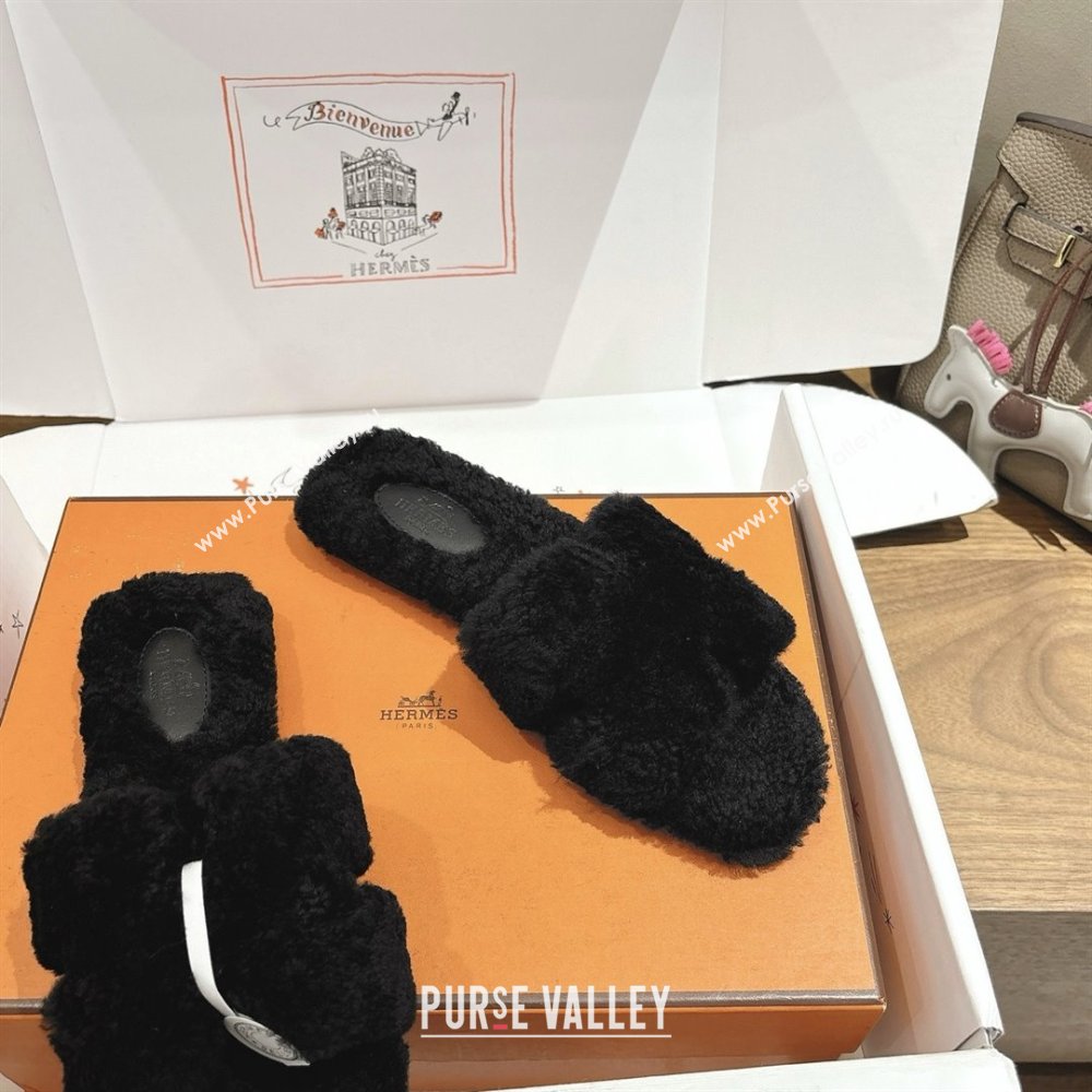 Hermes Oran Sandals in Shearling Wool H101606 Black 2025 (XC-25101606)