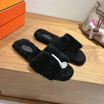 Hermes Oran Sandals in Shearling Wool H101606 Black 2025 (XC-25101606)