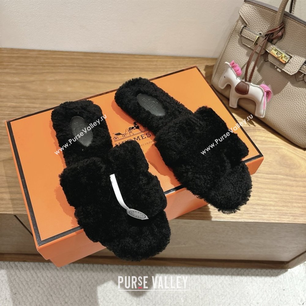 Hermes Oran Sandals in Shearling Wool H101606 Black 2025 (XC-25101606)