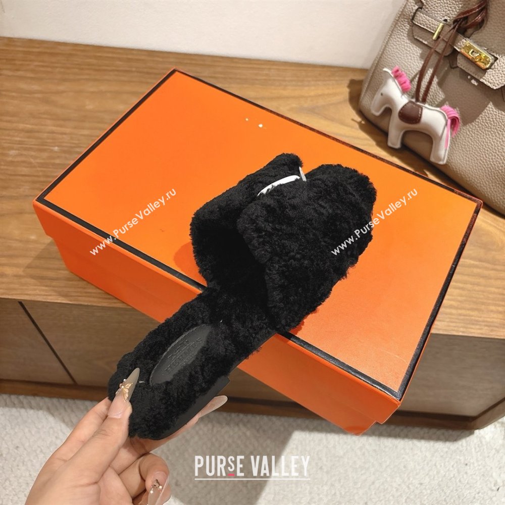 Hermes Oran Sandals in Shearling Wool H101606 Black 2025 (XC-25101606)