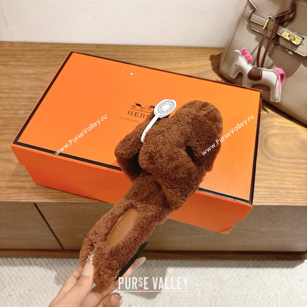 Hermes Oran Sandals in Shearling Wool H101601 Brown 2025 (XC-25101601)