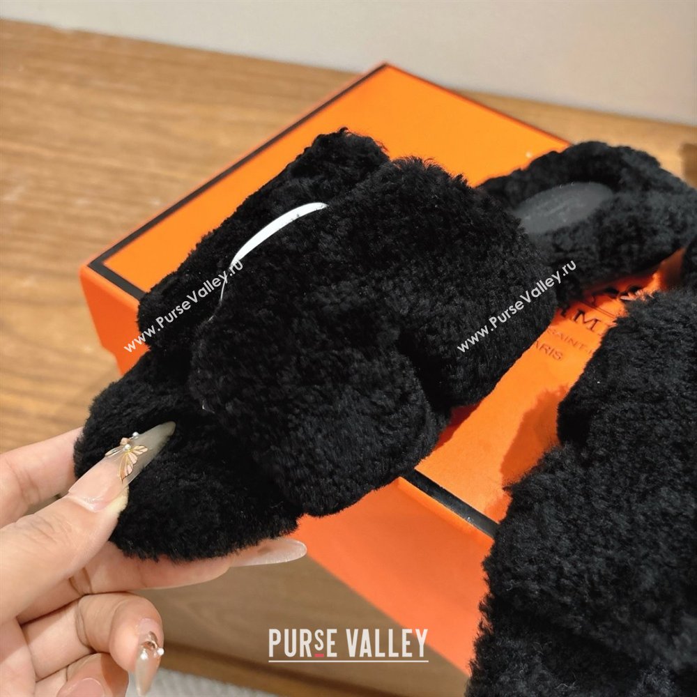 Hermes Oran Sandals in Shearling Wool H101606 Black 2025 (XC-25101606)