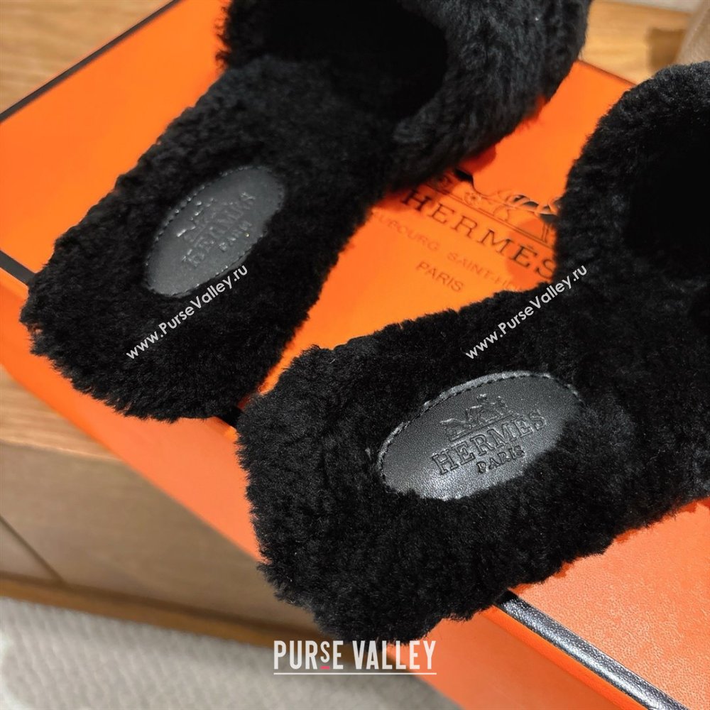 Hermes Oran Sandals in Shearling Wool H101606 Black 2025 (XC-25101606)